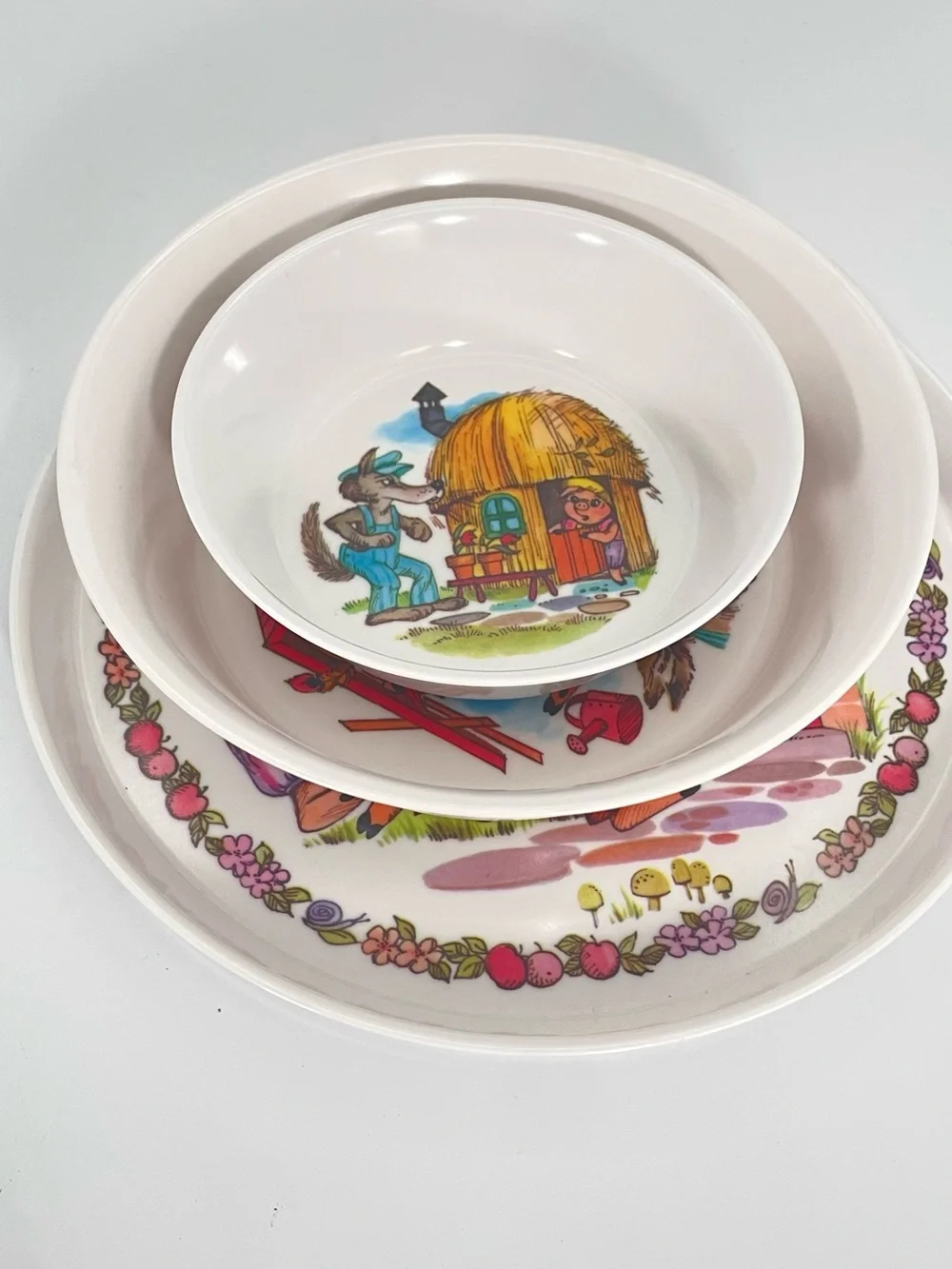Vintage Oneida Deluxe 3 Pc Melamine Three Little Pigs Child Dinner Set Story